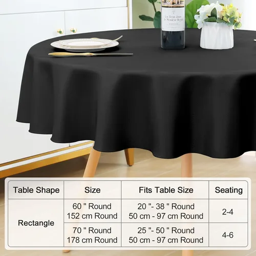 Miniatura 7 de Smiry Mantel redondo de poliéster antiarañazos, impermeable, lavable, para comedor, bufé, fiestas y exteriores, 60 x 60 pulgadas, color negro