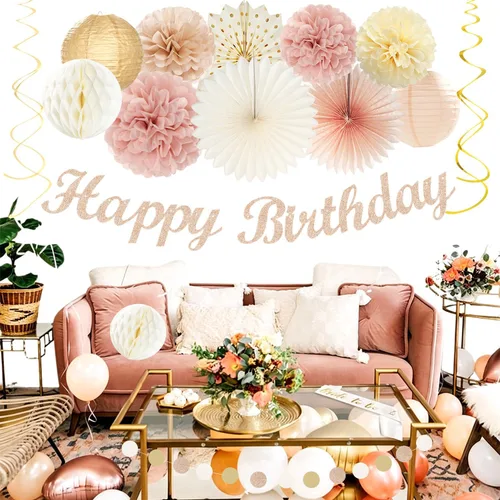 Miniatura 5 de Beige Champagne Rose Gold Women-Girls Birthday Decorations - 21pcs Fall Boho Party Happy Banner, Peach Streamers,Paper Lanterns,Pom Poms Fans 16th