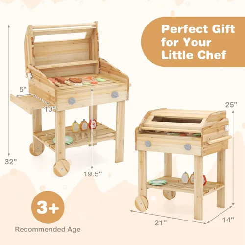 Miniatura 9 de Costzon Juego de parrilla para niños con ruedas, juego de parrilla de madera para niños con comida de juego, herramientas de parrilla y accesorios