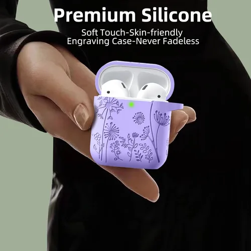 Miniatura 4 de Lerobo Funda con grabado de flores para AirPods, elegante protector de silicona suave con llavero, compatible con Apple AirPods de 1ª/2ª