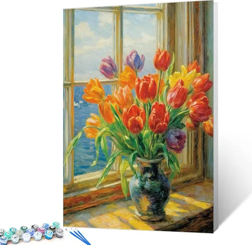 Miniatura 18 de Tucocoo Kit de pintura de lavanda por números con pinceles y pigmento acrílico sobre lienzo para adultos, diseño rústico de ventanas, arte floral