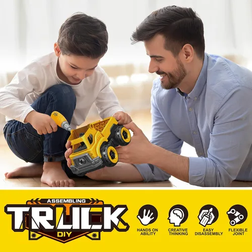 Miniatura 7 de Juguetes de coches 4 en 1 para desarmar para niños, vehículo de juguete de camión de construcción de ingeniería DIY - camión volquete, mezcladora