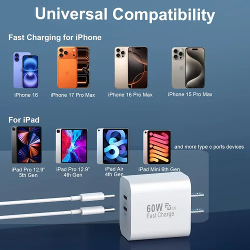 Miniatura 4 de Cargador para teléfono 15/16/17 Pro Max de carga rápida, bloque de carga USB C de doble puerto de 20 W con cable de carga USB C a C de 6.6 pies