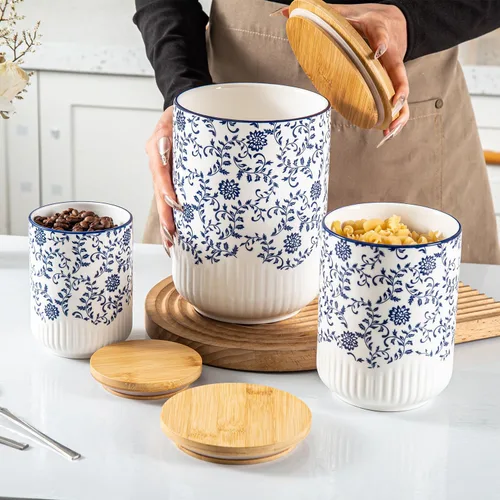 Miniatura 2 de Juego de recipientes para cocina - Recipientes de cerámica para encimera con tapas herméticas de madera - Recipientes para harina y azúcar