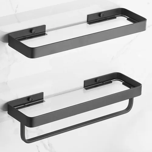 Miniatura 11 de VOLPONE Estante de vidrio para baño de 15.7 pulgadas, estantes de baño negros, estantes de vidrio templado montados en la pared con 4 ganchos