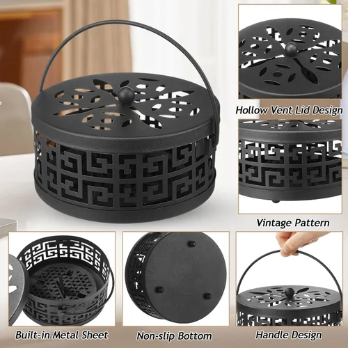 Miniatura 3 de Lallisa 4 piezas de soporte para bobina de incienso para mosquitos, redondo, retro, portátil, de metal, para colgar en el hogar, campamento
