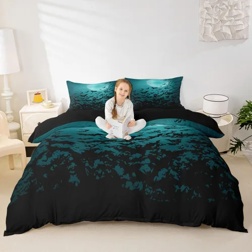 Miniatura 4 de Funda de edredón de Halloween, juego de ropa de cama individual de calabaza y gato para niñas y niños, sombrero de bruja espeluznante morado