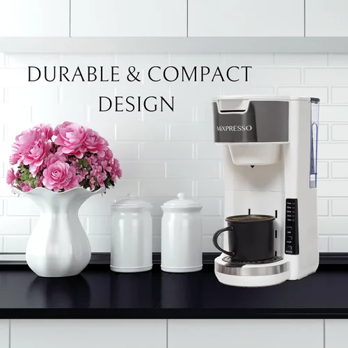 Miniatura 5 de Mixpresso - Cafetera blanca para una sola porción, compatible con cápsulas K-Cup y café molido, cafetera compacta de 30 oz para una sola porción