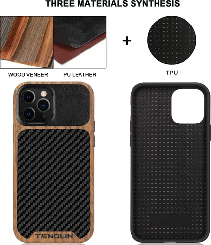 Miniatura 2 de TENDLIN Funda compatible con iPhone 12 Pro Max de grano de madera con diseño de textura de fibra de carbono, funda híbrida de cuero negro