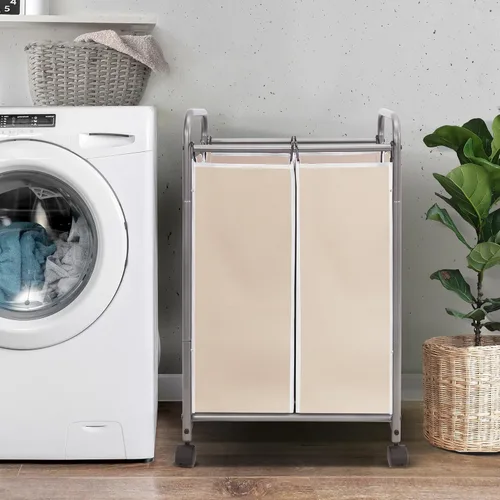 Miniatura 3 de STORAGE MANIAC Clasificador de ropa sucia de 2 secciones, cesto de ropa sucia de 90 L Gal con ruedas, clasificador separador de cesta de ropa, Beige