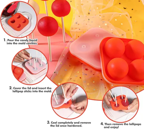 Miniatura 5 de Webake Juego de 3 moldes para piruletas, moldes de silicona para caramelos duros con 100 palitos de papel, moldes redondos 3D de caramelo con tapas