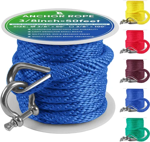 Miniatura 13 de Cuerda de anclaje premium de 100 pies x 3/8 pulgadas, cuerda marina de línea de anclaje MFP trenzada sólida con dedal y grillete, color negro