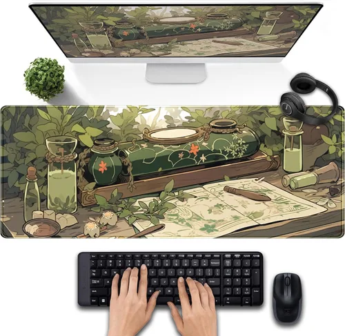 Miniatura 15 de Tapete de escritorio de bosque anime, lindo tapete de mouse verde, tapete de escritorio completo Kawaii estético XXL para juegos Mousemat XL