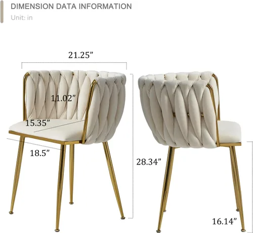 Miniatura 3 de Juego de 2 sillas de comedor de terciopelo, modernas sillas de comedor tapizadas con patas de metal dorado y respaldo tejido para comedor, cocina