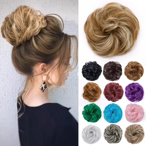 Miniatura 44 de Benehair Moño desordenado, pieza de pelo recogido para mujer, esponjoso, ondulado, moño con dona, moño sintético con banda elástica de goma
