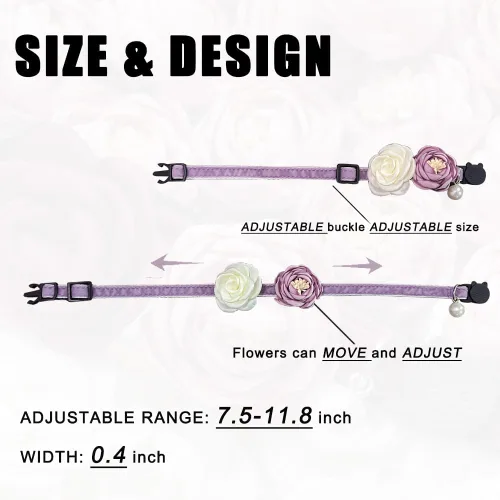 Miniatura 3 de Collares de gato Fupo morados para niñas, collar de gatito separable con campana y flores 2-Púrpura