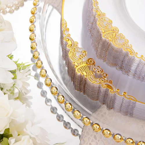 Miniatura 7 de Hioasis 350 platos de plástico transparente y dorado, elegante juego de vajilla desechable adecuado para 50 invitados, incluye platos de cena