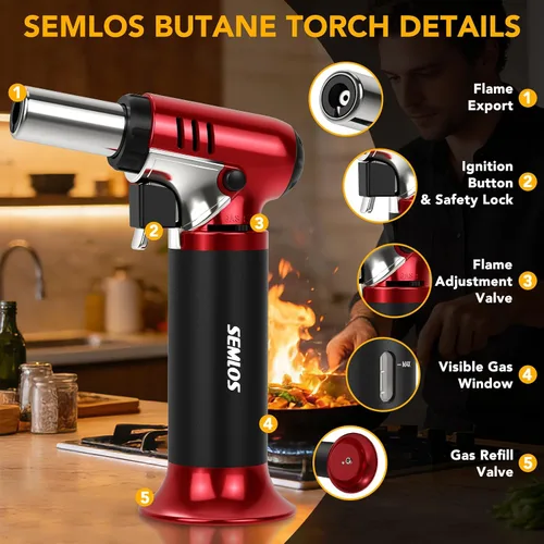 Miniatura 2 de Semlos Antorcha de butano con indicador de combustible, encendedor de cocina recargable con bloqueo de seguridad y llama ajustable para bricolaje
