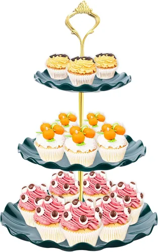 Miniatura 11 de BACUTHY Soporte para magdalenas de 3 niveles, toalla de soporte para pastel de plástico con bandeja de servicio escalonada para magdalenas, donuts