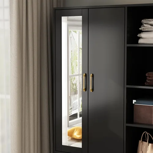 Miniatura 6 de Homsee Armario de madera con espejo, 2 puertas, 2 cajones, 4 cubos de almacenamiento abiertos y barra para colgar para dormitorio, negro