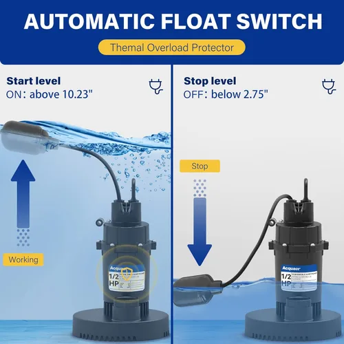 Miniatura 3 de Acquaer Bomba de sumidero de 1/2 HP, bomba sumergible de agua limpia/sucia de 4060 GPH con interruptor de flotador ajustable para piscina de jardín