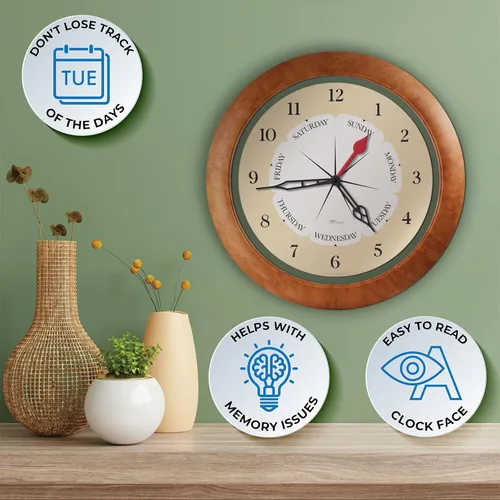 Miniatura 2 de Reloj de pared de hora y día de la semana con marco de acento de arce de 13.5 pulgadas, regalo de jubilación ideal para hombres y mujeres, reloj