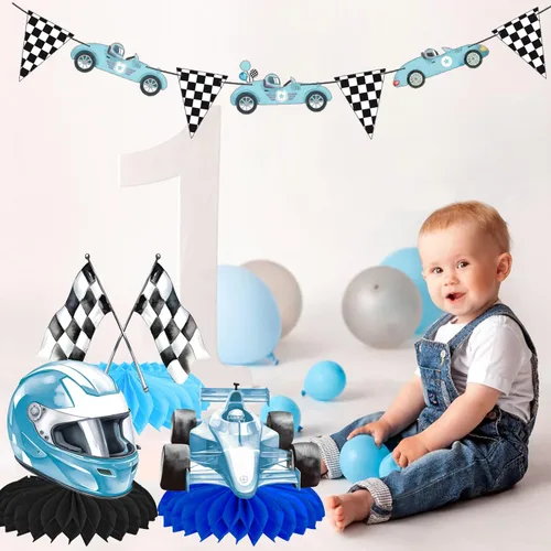 Miniatura 7 de Centros de mesa de cumpleaños de nido de abeja de coche de carreras, 12 piezas, decoración de fiesta de coche de carreras, decoración de mesa