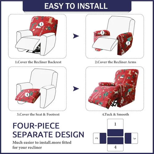 Miniatura 6 de Iauddy Funda para sillón reclinable, elástica, suave, antideslizante, para silla reclinable, 4 piezas, protector de muebles para sillón reclinable