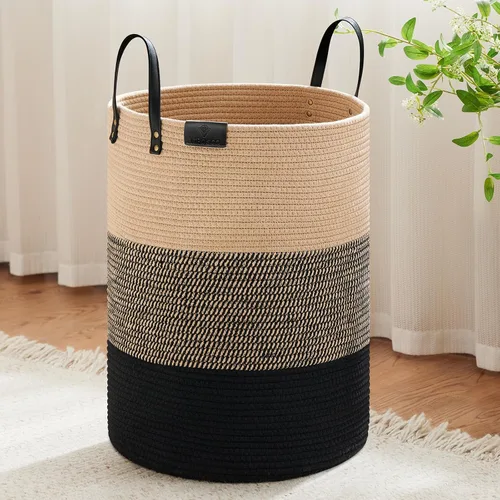 Miniatura 33 de VIPOSCO Cesta alta para ropa sucia, cesta grande para ropa sucia con mango de cuero, cesta de almacenamiento de cuerda tejida para manta, juguete