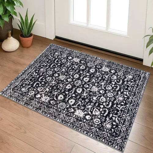 Miniatura 27 de Lansny Alfombra bohemia de 2 x 3 pulgadas, lavable, color negro, azul marino, floral, alfombra de cocina, alfombra de área pequeña de lana