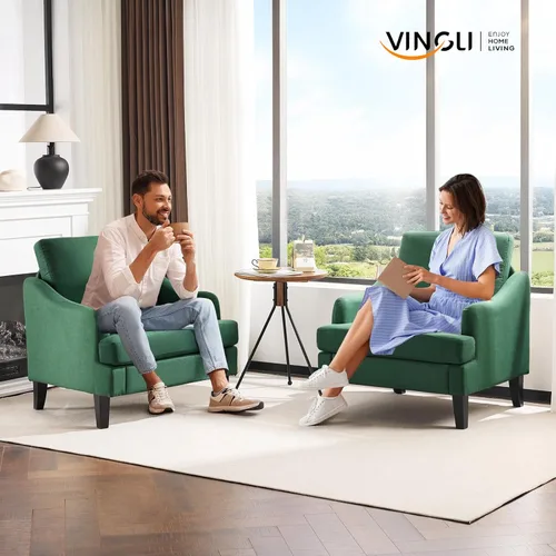 Miniatura 9 de VINGLI Juego de 2 sillas decorativas de tela de lino, sillón tapizado moderno verde, cómodo sofá, sala de estar, dormitorio, muebles para apartamento