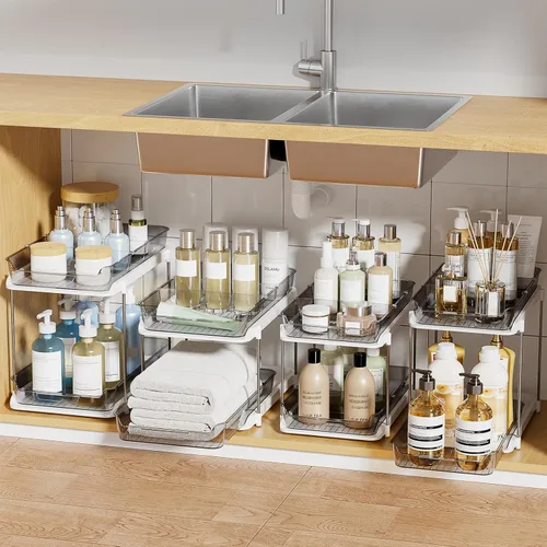 Miniatura 21 de Delamu - Organizadores y almacenamiento de 2 niveles para debajo del fregadero del baño, multiuso, apilables, organización de cocina y despensa