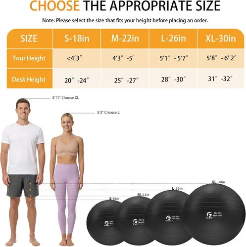Miniatura 5 de Gruper Pelota de yoga, pelota de ejercicio antideslizante extra gruesa para entrenamiento, yoga, embarazo, 4 tamaños de silla anti estallido