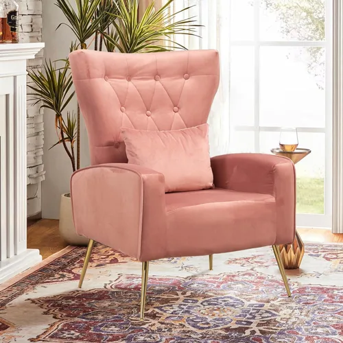 Miniatura 31 de Sillas decorativas de terciopelo con respaldo de ala y almohada lumbar, sillón moderno para sala de estar, dormitorio, silla auxiliar de recepción