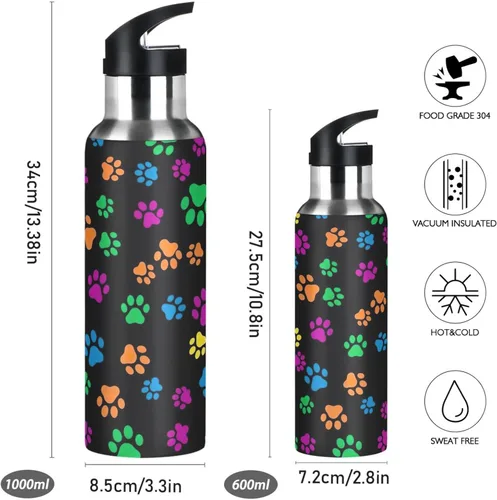 Miniatura 2 de Colorful Dog Paw Prints Stainless Steel Water Bottle 32 Oz, BPA-Free Sports Water Bottle with Straw Leakproof Water Bottles