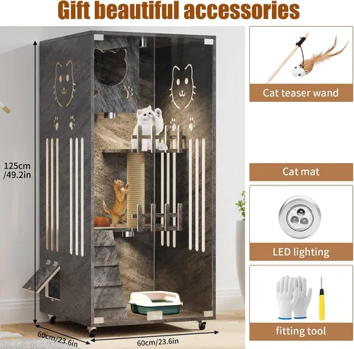 Miniatura 5 de Casa de Madera para Gatos de Gran Espacio, Condominio Cerrado para Gatos, Recinto para Gatos Interior/Exterior con Ruedas, Villa de Lujo