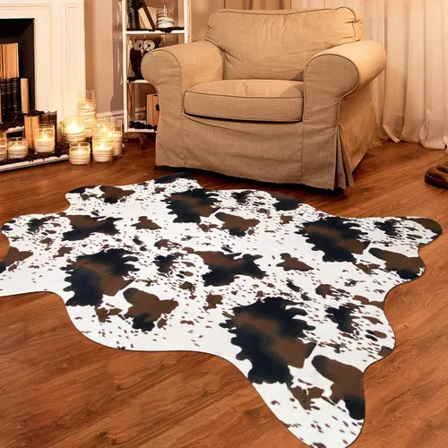 Miniatura 16 de Bonita alfombra con estampado de vaca, pequeña de piel sintética de vaca en blanco y negro, alfombra con estampado animal para mesa, dormitorio