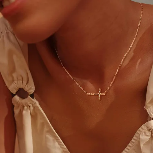 Miniatura 118 de Fettero - Collar con dije de cruz de fe, chapado en oro de 14 K, cadena fina, minimalista, simple, pequeña, para oración, regalo de joyería religiosa