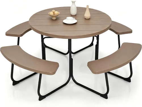Miniatura 10 de Tangkula Mesa de picnic para 8 personas, mesa de picnic cuadrada al aire libre con 4 bancos integrados, agujero para paraguas, marco de metal y mesa