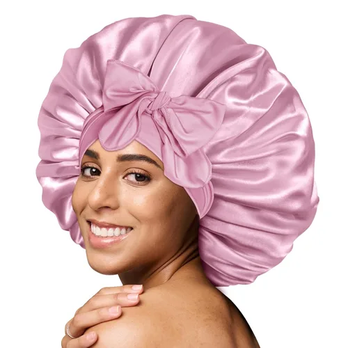 Miniatura 16 de Gorro de satén de seda para dormir con banda ancha para cabello rizado, color rosado oro rosa claro