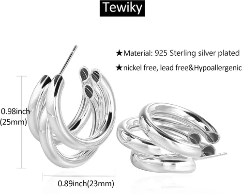 Miniatura 25 de Aretes de aro gruesos de oro para mujer, chapados en oro de 14 quilates, aretes de aro triple, hipoalergénicos, a la moda, aretes de aro gruesos
