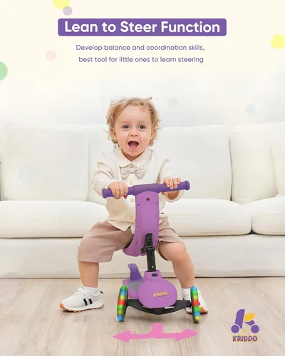 Miniatura 5 de KRIDDO - Patinete 3 en 1 para niños de 1 a 5 años, patinete plegable con 3 ruedas iluminadas, tabla ancha, altura ajustable, manillar para aprender