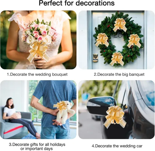 Miniatura 6 de Paquete de 12 lazos grandes de 6 pulgadas para envolver regalos, lazos de cinta para cestas de regalo de boda, lazos de envoltura de regalo de Dorado