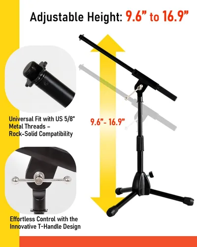 Miniatura 5 de Stage Rocker Soporte de micrófono de trípode plegable de bajo perfil con boom - Altura que se extiende de 9.6'' a 16.9'', con brazo telescópico