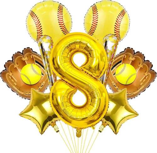 9 globos de sóftbol – Globos de papel de aluminio Mylar con número de cumpleaños de sóftbol – Suministros y decoraciones para fiestas (8vo)
