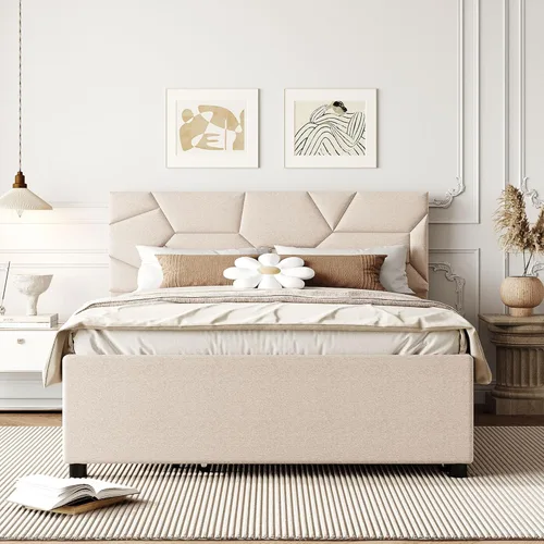 Miniatura 3 de Harper & Bright Designs Cama de plataforma tapizada de tamaño matrimonial con nido y cabecero, marco de cama tapizado de lino, no necesita somier