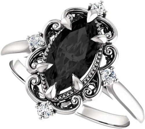 Anillo de compromiso marquesa negro vintage, anillo victoriano de diamante negro marquesa de 1 CT, anillo de ónix negro marquesa de filigrana,
