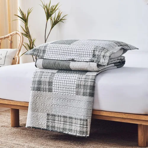 Miniatura 6 de Colcha a cuadros gris y blanco tamaño Full/Queen, colchas de retazos ligeras, colcha geométrica a cuadros, ropa de cama suave y transpirable, Gris