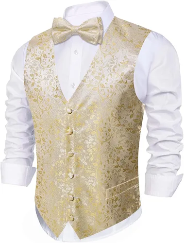 Miniatura 30 de Barry.Wang Conjunto de chaleco de pajarita para hombre, chaleco con cuello en V de seda jacquard de cachemira, gemelos de pañuelo formal/ocio, boda