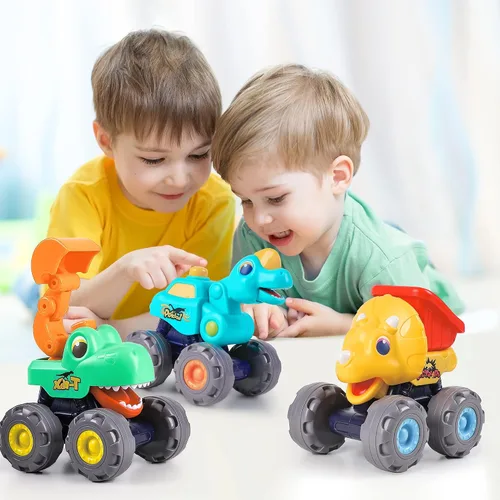 Miniatura 7 de iPlay, iLearn Juguete de camión monstruo de dinosaurio de 3 piezas, auto de tracción para bebé, camiones de construcción de dinosaurios Push Go